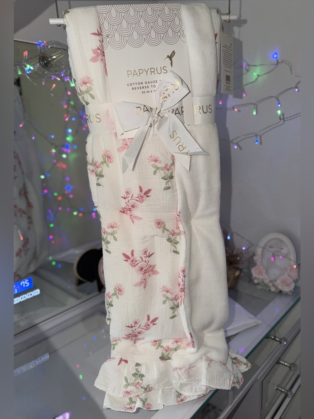 Papyrus Reversible cotton gauze throw ruffle hem pink wildflower throw blanket